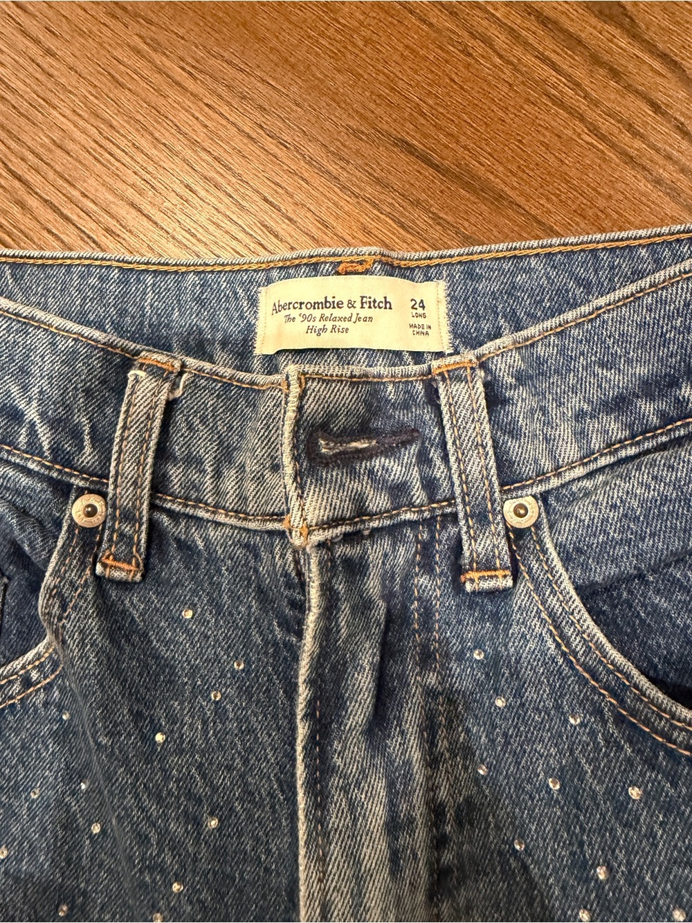 Abercrombie & Fitch High-Rise Denim Jeans with Rhinestones - Blue